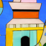 stained glass artwork with a dog and a castle