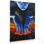 painting of a blue man stcking his hands into a volcano