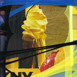 abstract fabric collage with a snippet of a photo of a person wearing a rain jacket