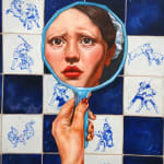 painting of a girls face reflected in a hand mirror