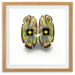 painting in a frame of 2 flowers as eyes for a facea