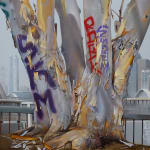 painting of a eucalyptus tree covered in graffiti in the foreground with the 6th street bridge and Downtown Los Angeles skyline in the background
