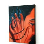 painting of a face with a hand holding it with barbed wire