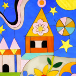 stained glass artwork with a dog and a castle