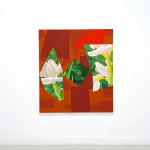 abstract painting featuring geometric read shapes and white flowers