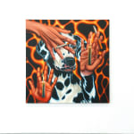painting of a dalmation with 3 floating hands each holding a canddle or a cigarette