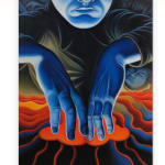 painting of a blue man stcking his hands into a volcano