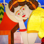 stained glass mosaic of a girl leaning on a table