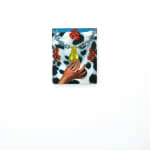 painting of a hand grabbing golden balls on a chain, dalmation pattern and tomatos in the background