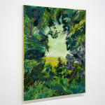painting of a forest from the perspective of the ground looking up