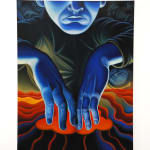 painting of a blue man stcking his hands into a volcano