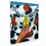 painting of a hand grabbing golden balls on a chain, dalmation pattern and tomatos in the background