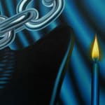 painting of a blue cowboy hat, 2 candles, a chain and an eagle