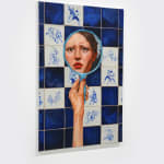 painting of a girls face reflected in a hand mirror