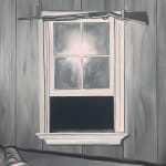 black and white painting of a gun hung above a window