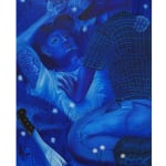 monochromatic blue painting of two men straddling each other in the grass