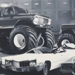 black and white paintings of a monster truck rally