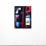 abstract black and red fabric stretched on bars withe a photo of a dog