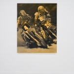 Painting of two motocross riders in orange