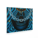 painting of a blue cowboy hat, 2 candles, a chain and an eagle