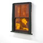 painting of a kid looking out of a window with their dog