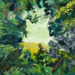 painting of a forest from the perspective of the ground looking up