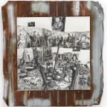 black and white painting collage on canvas mounted on metal