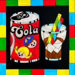 stained glass lightbox of a coca cola can and a glass with straws
