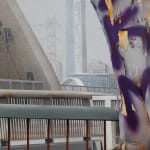 painting of a eucalyptus tree covered in graffiti in the foreground with the 6th street bridge and Downtown Los Angeles skyline in the background