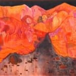 abstract painting of a valley with mountains
