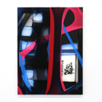 abstract black and red fabric stretched on bars withe a photo of a dog