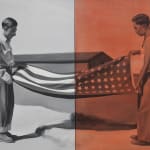 black and white painting of two men folding a flag. Half the painting is washed in red