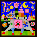 stained glass artwork with a dog and a castle