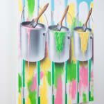painting of 3 paint buckets and a white picket fence
