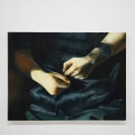 painting of hands sitting in a lap making fists