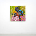 painting of three men in colorful shirts smoking a cigar