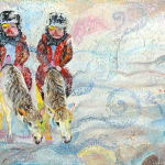 painting of two riders on white horses