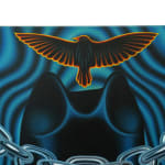 painting of a blue cowboy hat, 2 candles, a chain and an eagle