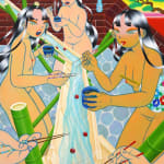 painting of three girls eating noodles out. of a waterfall with chopsticks