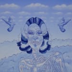 blue toned painting of a woman where you can view her inner skeleton