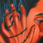 painting of a face with a hand holding it with barbed wire