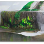 painting of a creek with moss growing around the cement