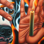 painting of a dalmation with 3 floating hands each holding a canddle or a cigarette