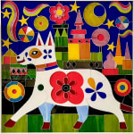 stained glass artwork with a dog and a castle