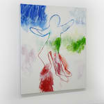 abstract painting of a figure falling in red, blue and green