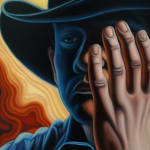 painting of a cowboy covering his face with his hand