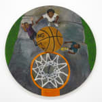 circular painting of 3 kids playing basketball by jonah elijah
