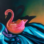 painting of a pink swan on blue fabric