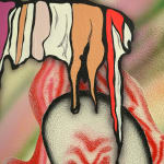 abstract painting of flowers: pink, green and orange