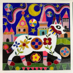 stained glass artwork with a dog and a castle